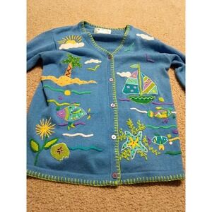 Vintage Quacker Factory Sweater Beach Cardigan Womens Small Cottagecore Grandma